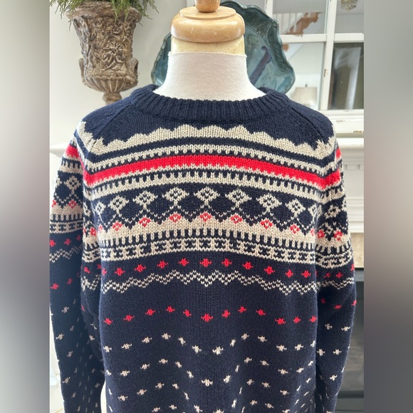 J. Crew Men's Navy and Red Fair Isle Lambs Wool Sweater - Picture 3 of 13